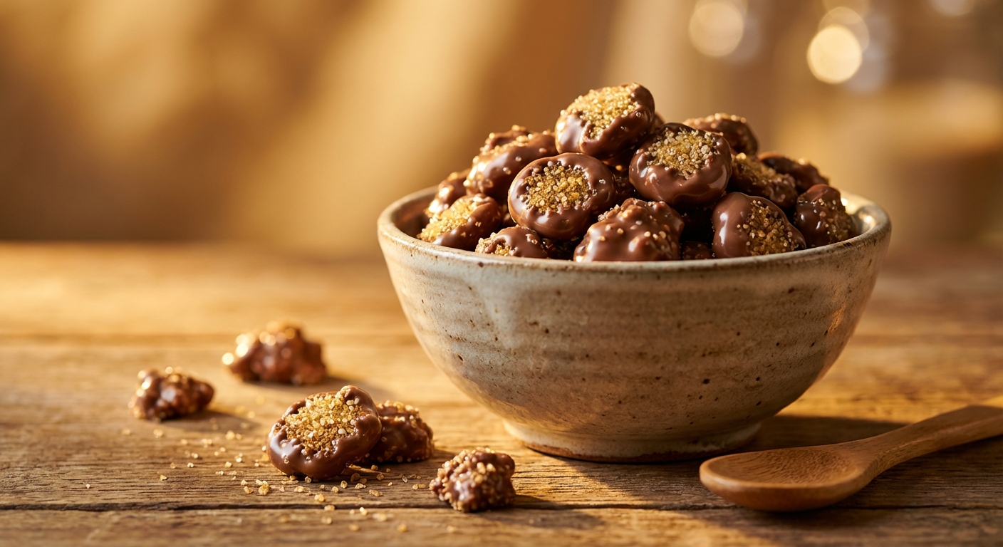 Close-up of chocolate covered sand — golden sand grains coated in rich, glossy chocolate