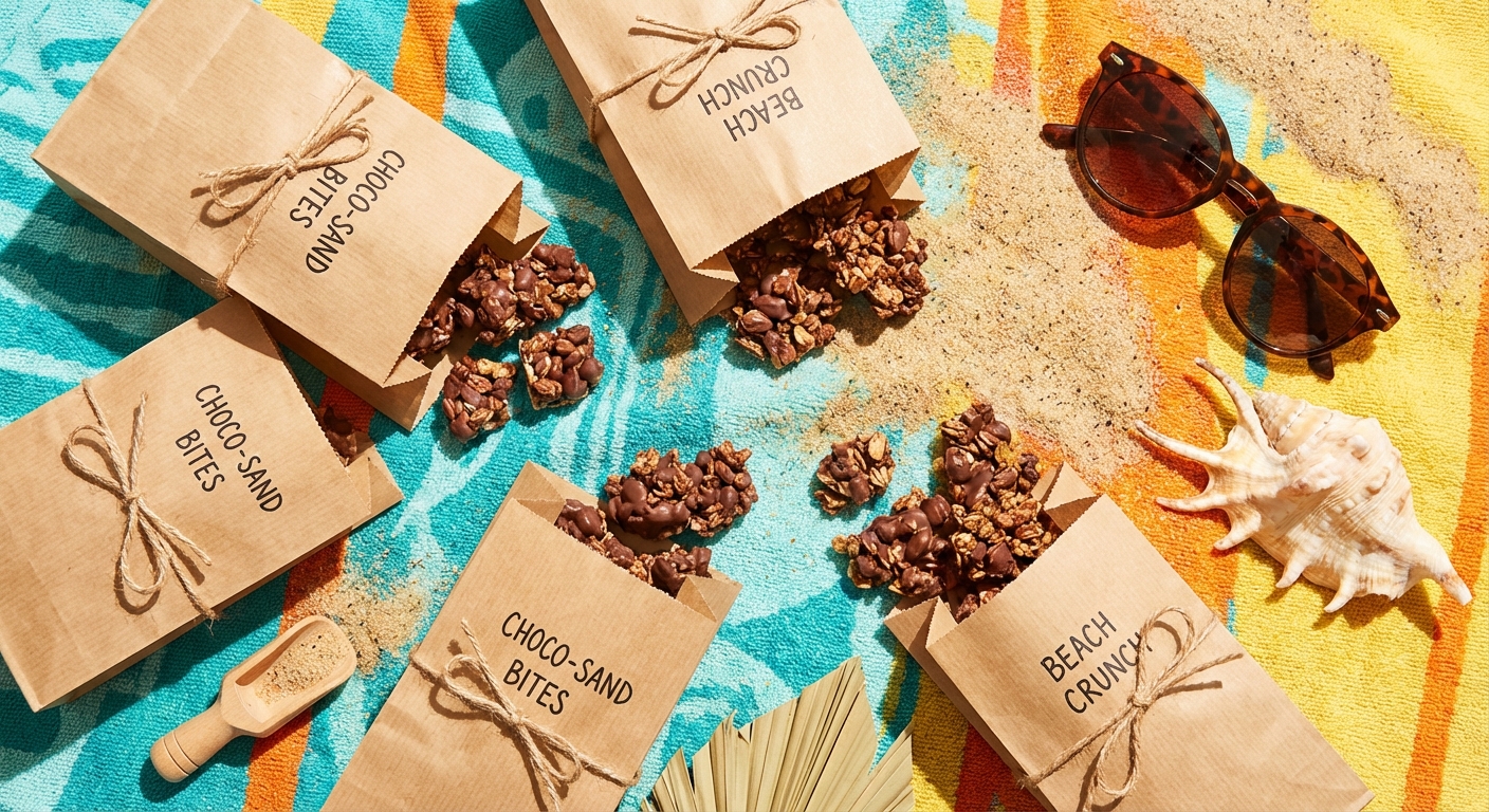 Chocolate covered sand bags spread out on a sunny beach towel
