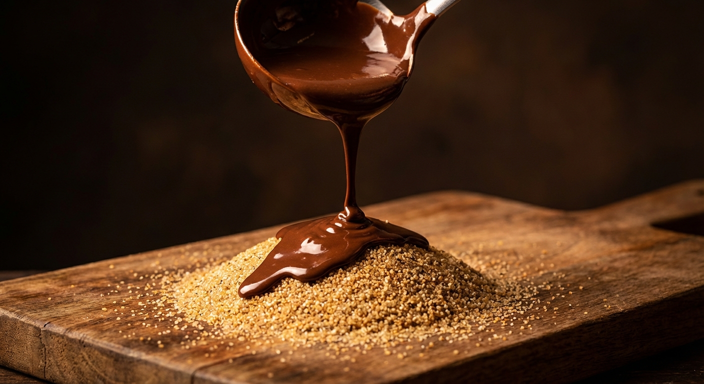 Melted chocolate being poured over golden sand grains